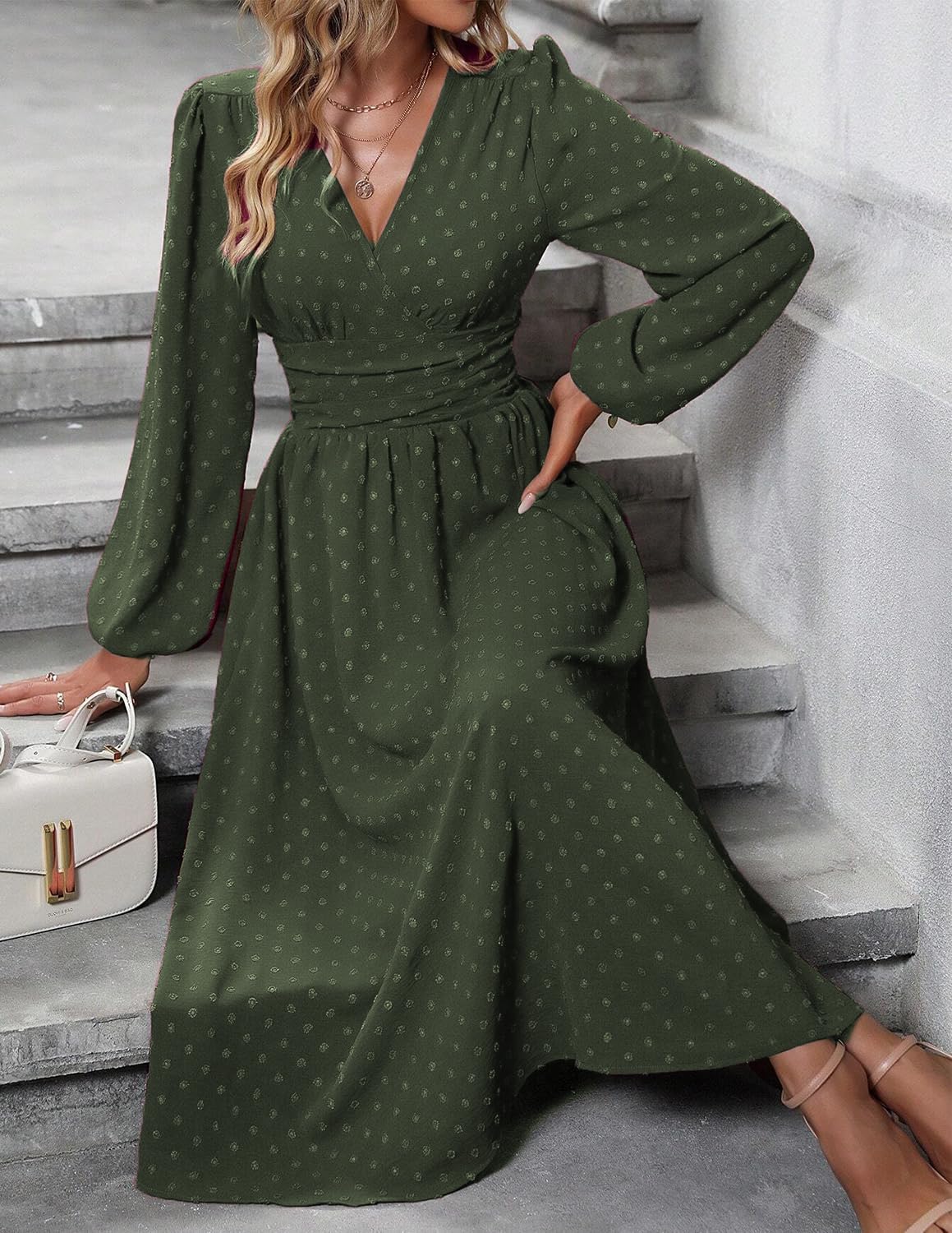 Vestito Donna Tierra Pois – Taglio A-Line, Scollo a V, Vita Alta Plissettata Elegante