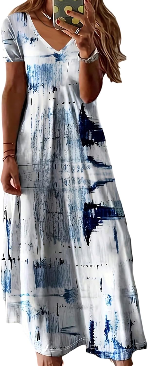 Sukienka Maya Maxi Duży Rozmiar – Letnia Sukienka z Dekoltem w Serek Tie-Dye Lekka z Krótkimi Rękawami