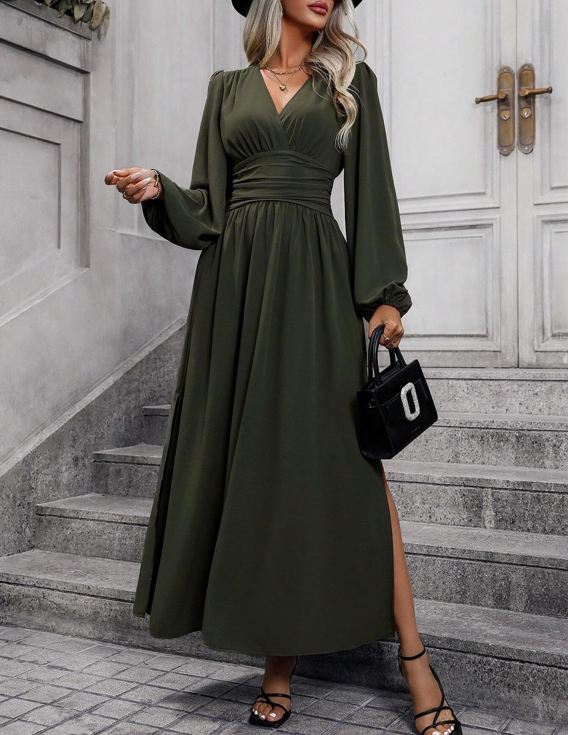 Éliana Robe Longue Femme – Robe Élégante à Col V, Taille Haute et Manches Lanterne