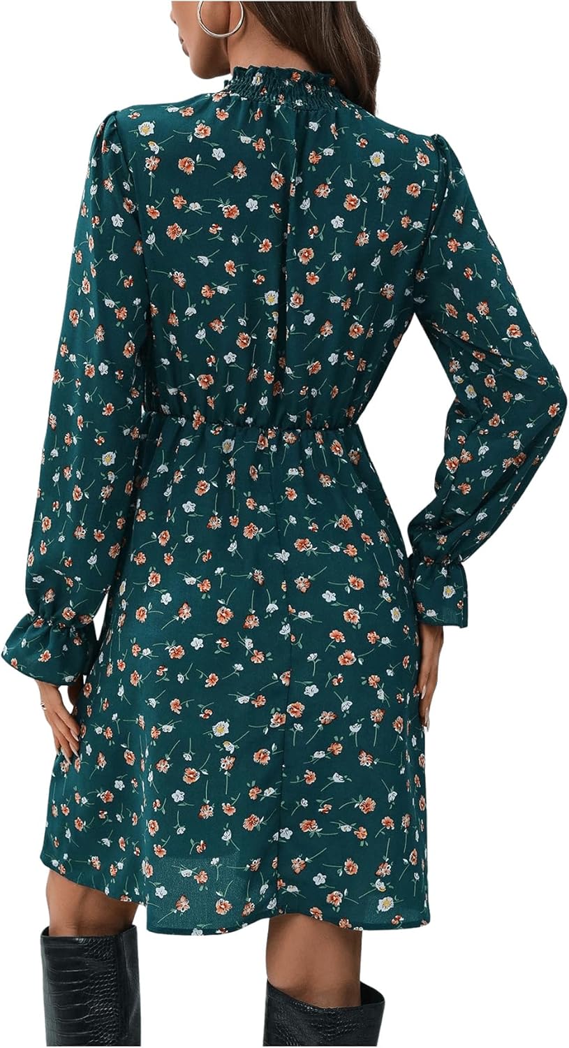 Vestido Curto Feminino Élise – Vestido Floral com Gola Alta e Folhos, Corte A-Line Elegante