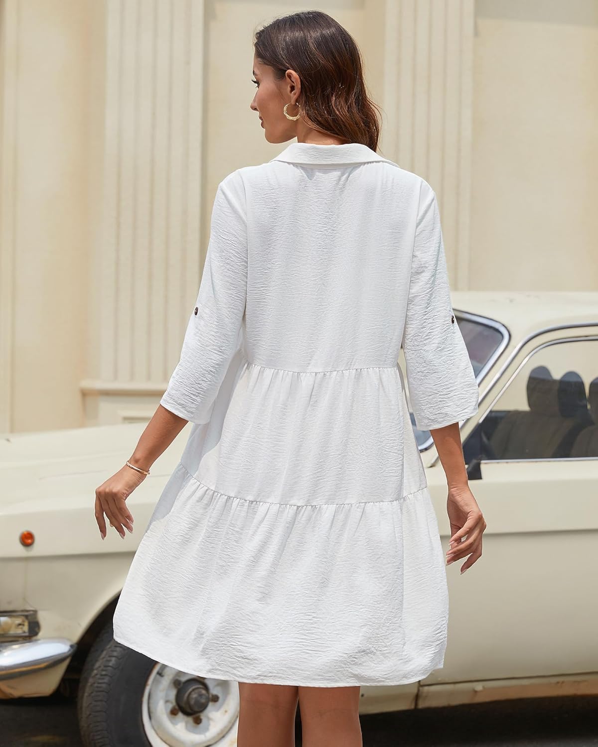 Léa Vestito Camicia Donna – Vestito A-Line con Volant, Bottoni, Maniche 3/4, Estate