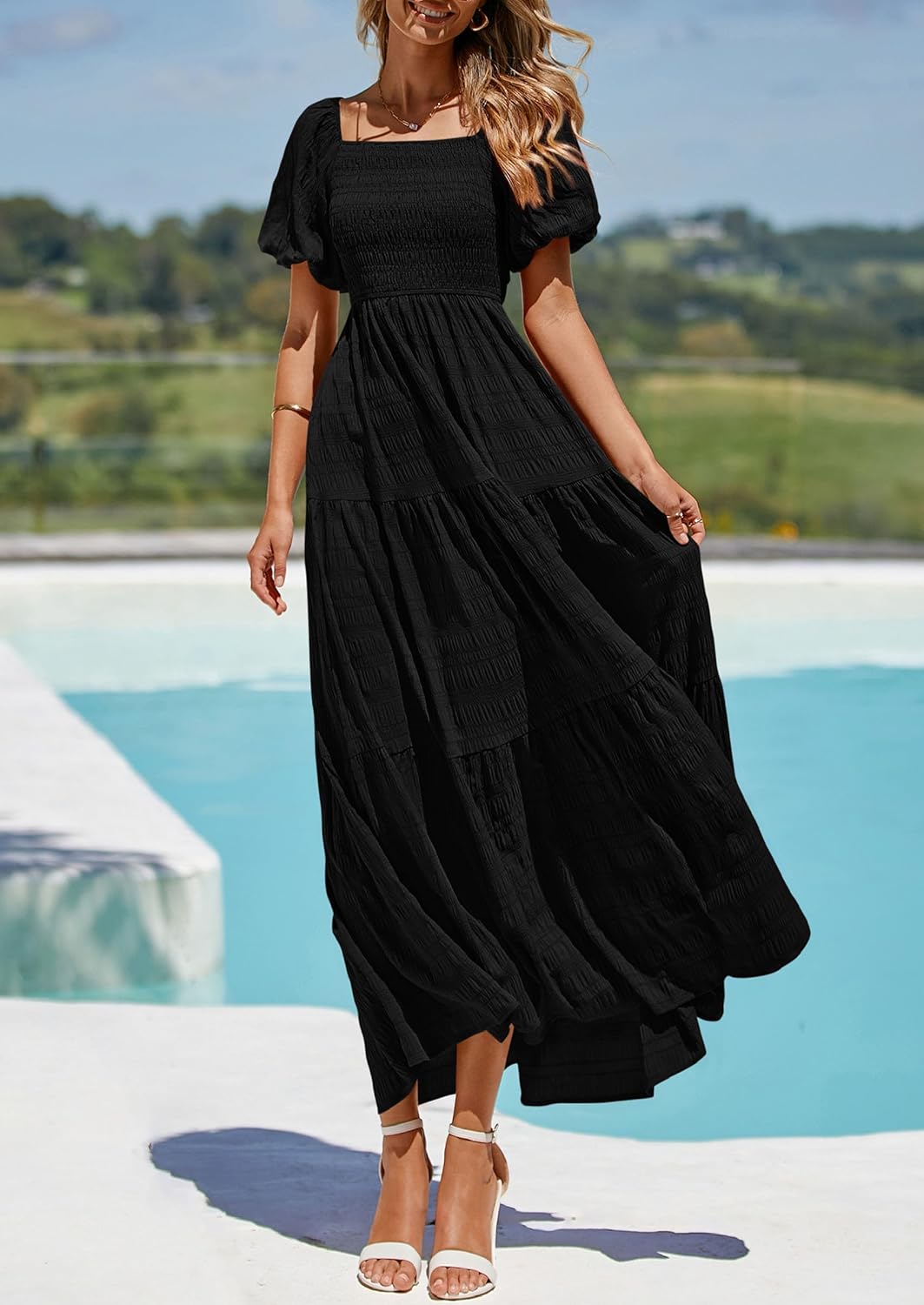Reese Robe Maxi Femme Été – Maxi šaty s hranatým výstřihem, nařasené, s nabíranými rukávy a lehkými volány
