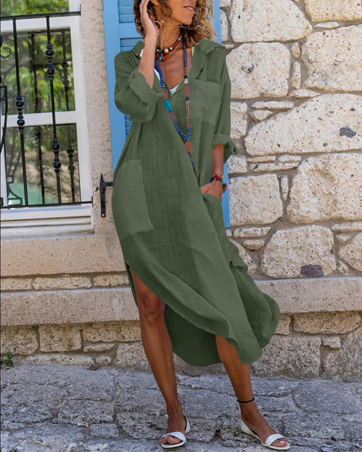 Emma Langes Hemdblusenkleid Damen – Leinen-Baumwollkleid mit Knopfleiste, Schlitz und Taschen
