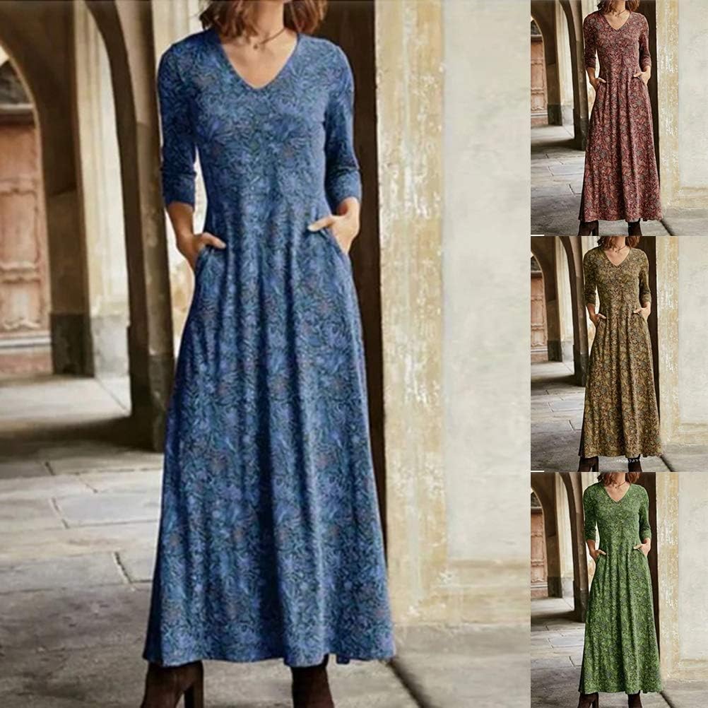 Camille Damen Maxikleid – Blumiges Boho-Kleid mit V-Ausschnitt und Taschen