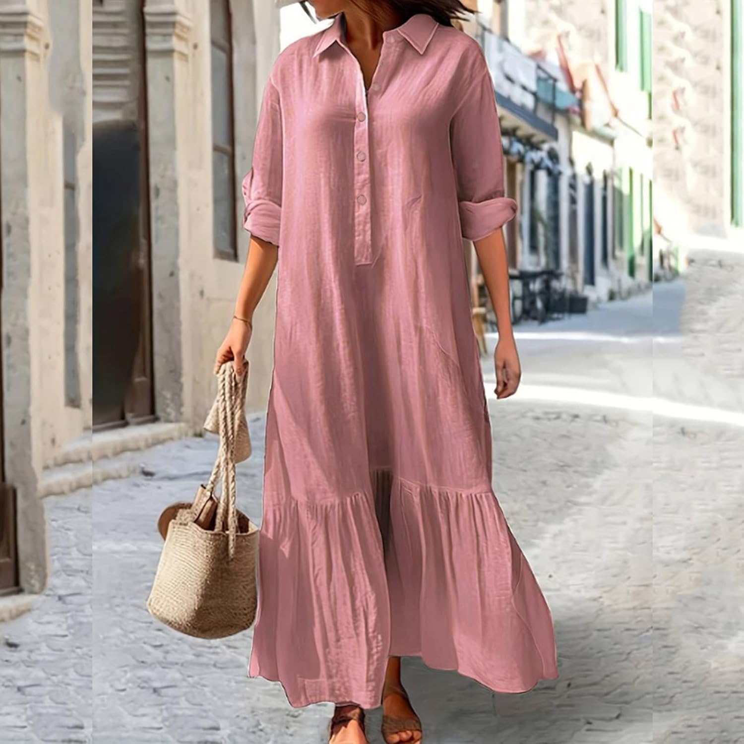 Vestido Longo Élina para Mulher em Algodão e Linho – Vestido Camiseiro Largo com Bainha Assimétrica