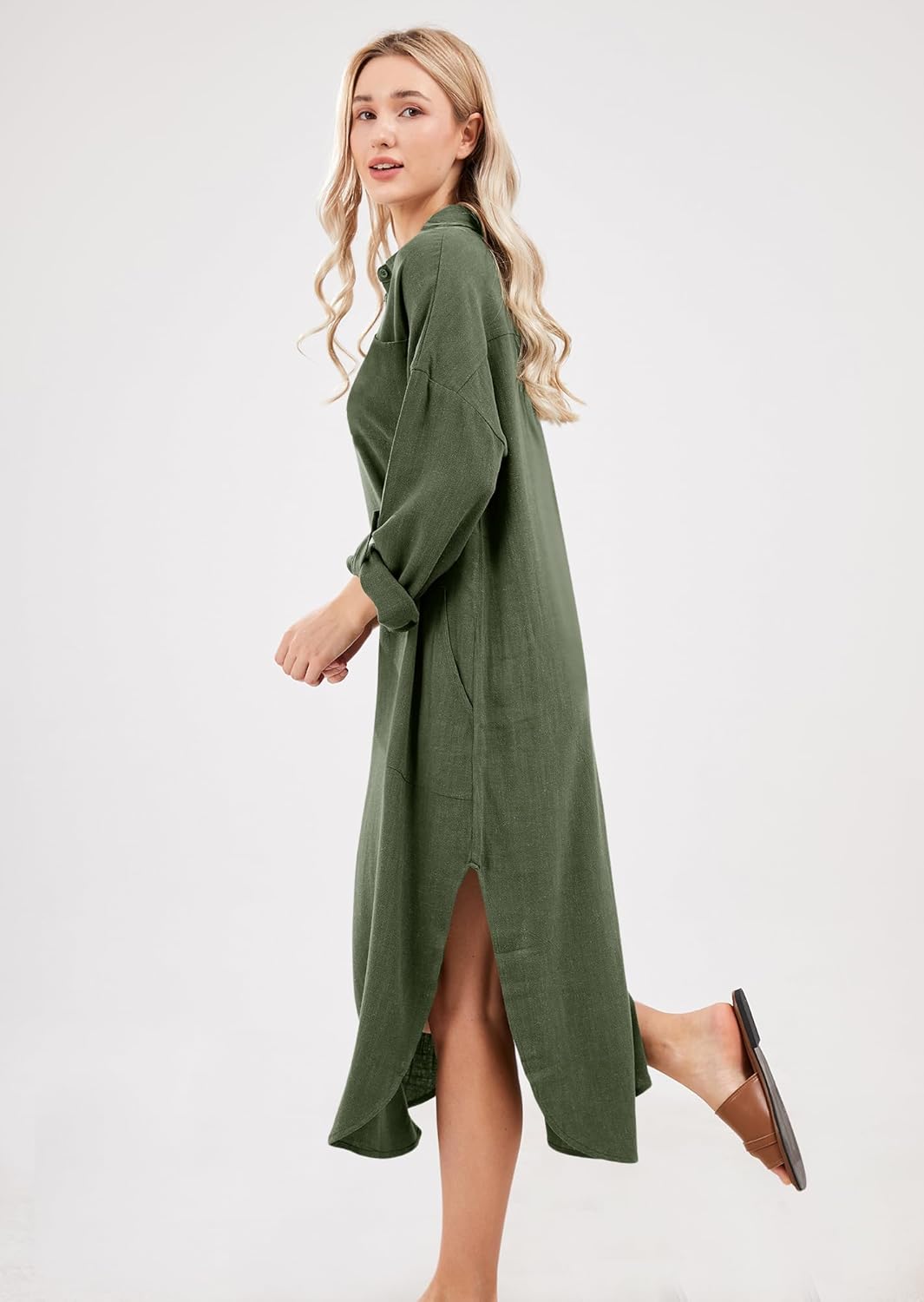 Emma Langes Hemdblusenkleid Damen – Leinen-Baumwollkleid mit Knopfleiste, Schlitz und Taschen
