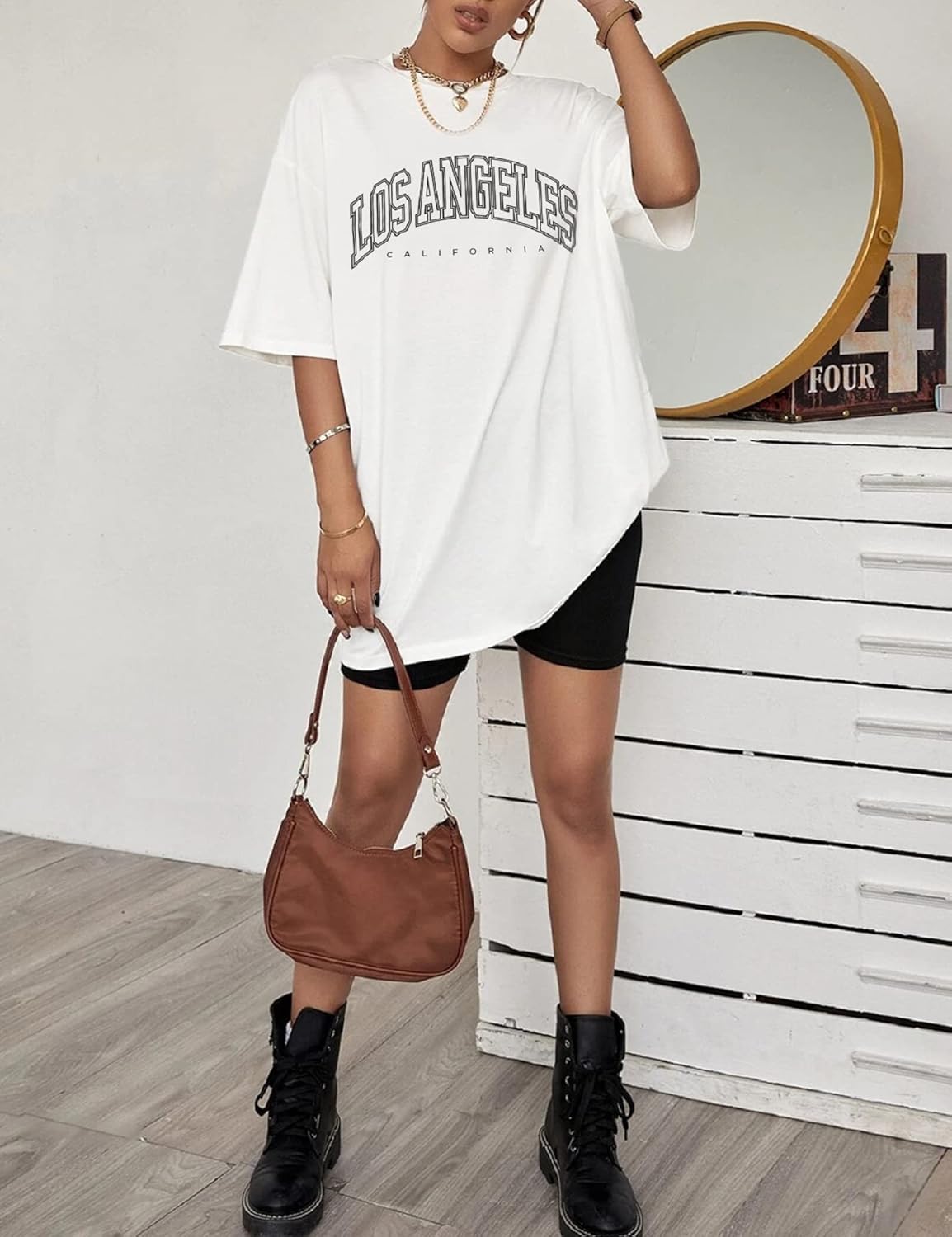 Γυναικείο T-shirt Léna – Oversize τοπ από βαμβάκι με στρογγυλή λαιμόκοψη, κοντά μανίκια, casual, καλοκαιρινό