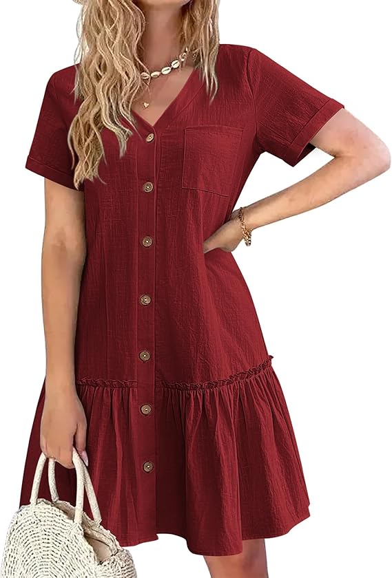 Robe Tianka Mulher – Algodão & Linho, Decote em V & Corte Largo com Botões Verão Elegante