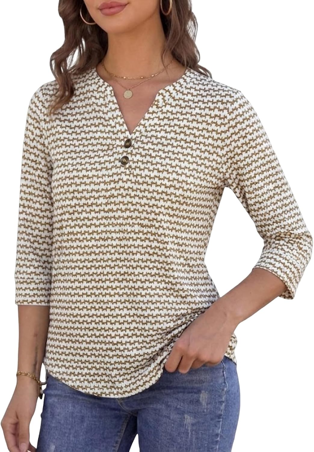 Bluzka Blessy damska z dekoltem w serek – rękawy 3/4 Henley, luźny krój, boho elegancka na lato