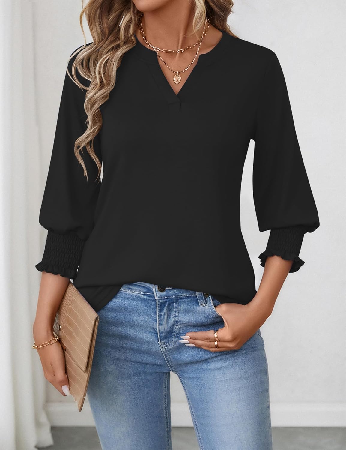 Blusa Beatriz Donna Collo a V – Maniche 3/4 con Volant, Taglio Ampio Elegante Estate