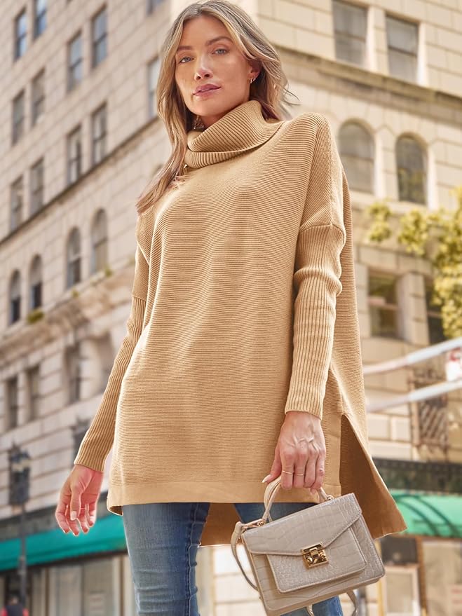 Ava Dámský Dlouhý Svetr s Rolákem Oversize – Teplý Žebrovaný Tunika Svetr v Elegantním Stylu