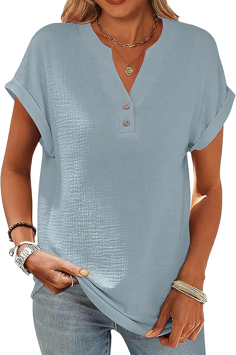 Camille Blouse Femme en Coton et Lin – Haut Col V à Boutons Vintage