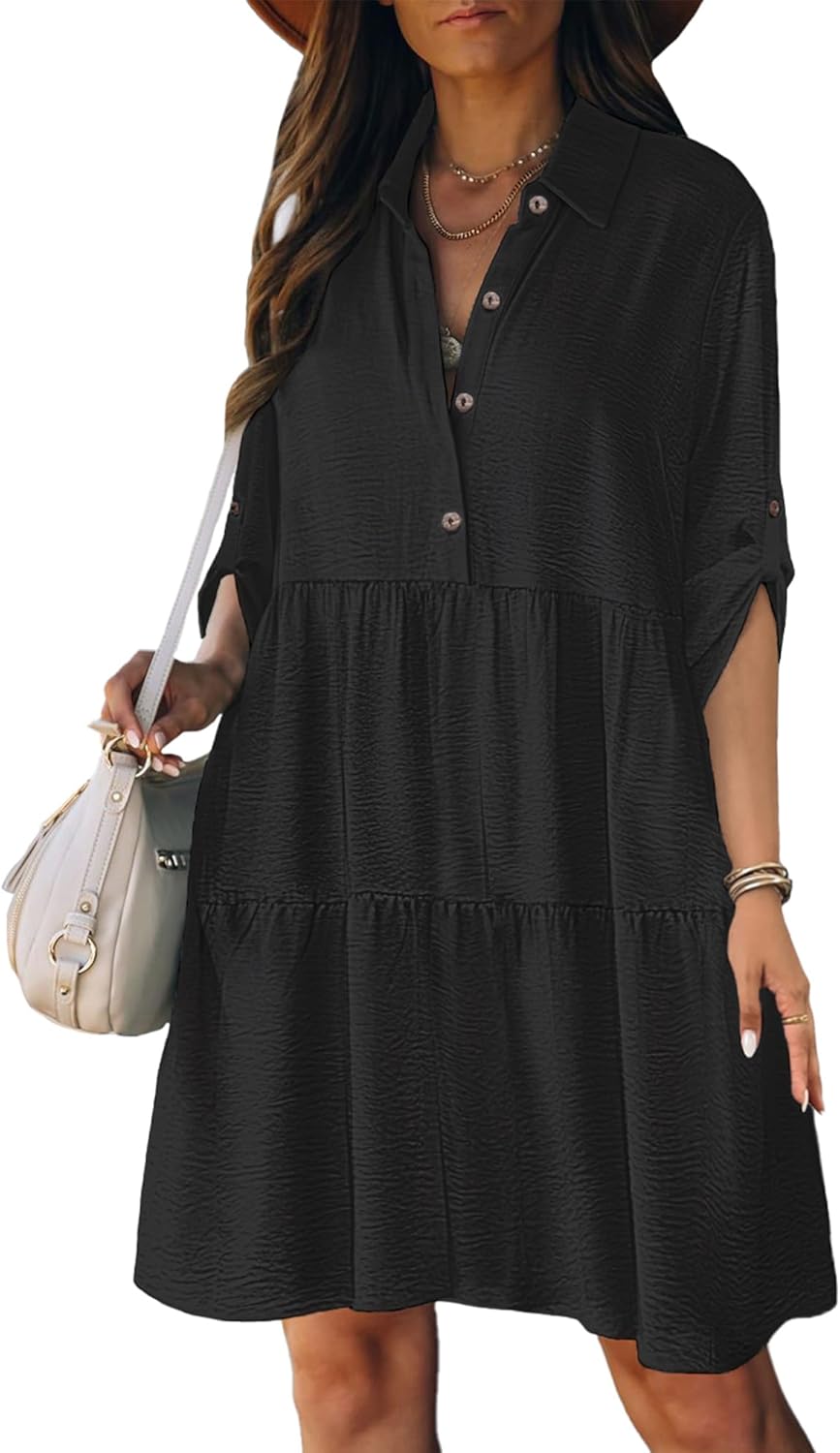 Sophie Damen Hemdblusenkleid – 3/4-Ärmel, Knopfleiste, A-Linien Schnitt, Volants Sommer