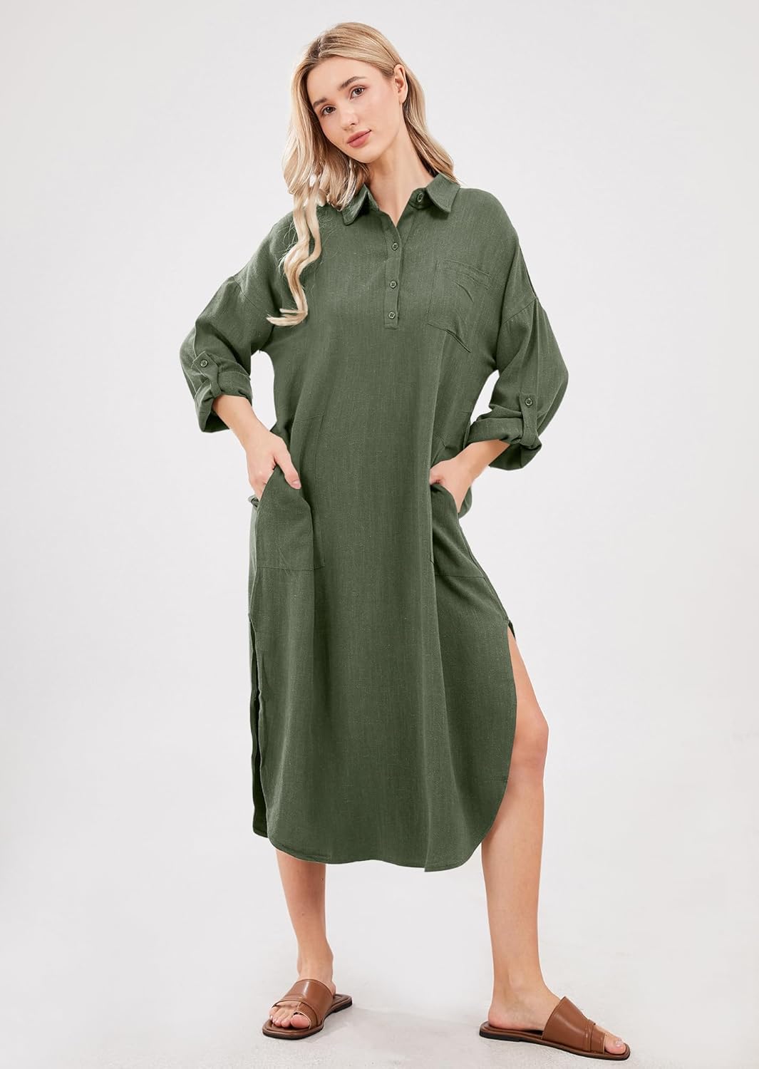 Emma Langes Hemdblusenkleid Damen – Leinen-Baumwollkleid mit Knopfleiste, Schlitz und Taschen