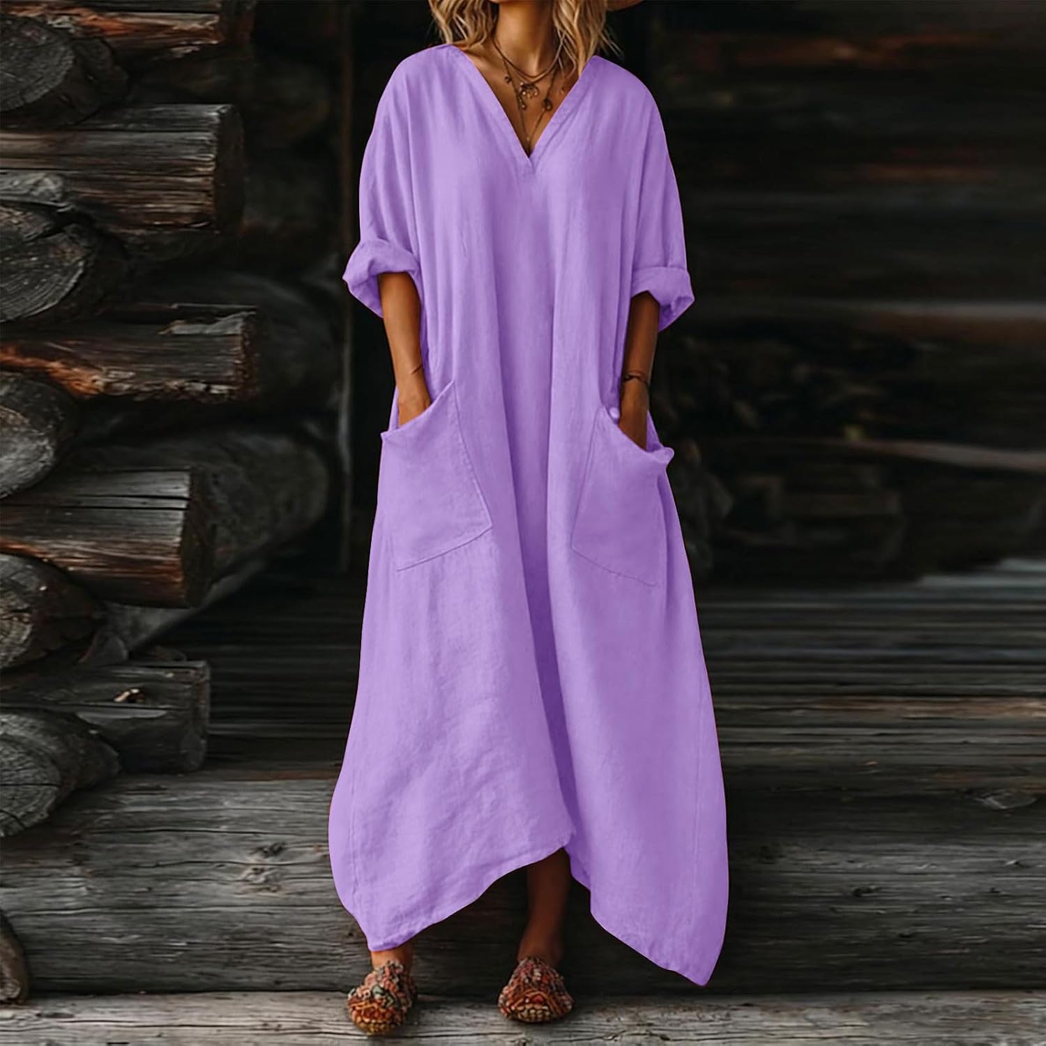 Mila kjole til kvinder – maxi linnedkjole med V-hals, 3/4 ærmer, A-formet oversize pasform, sommer