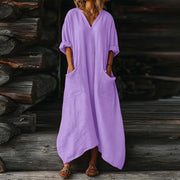 Mila kjole til kvinder – maxi linnedkjole med V-hals, 3/4 ærmer, A-formet oversize pasform, sommer