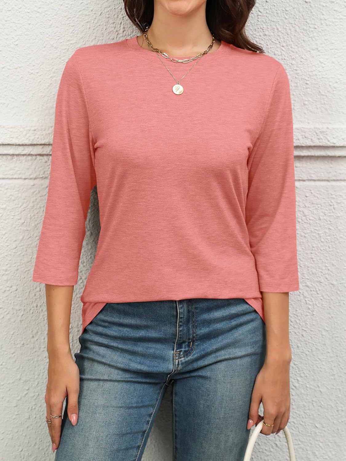 Julie T-Shirt Femme – Haut Basique Col Rond Manches 3/4 Léger Décontracté