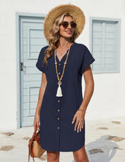 Clara Robe Chemise Femme Lin – Col V Henley, Manches Courtes, Poches Été