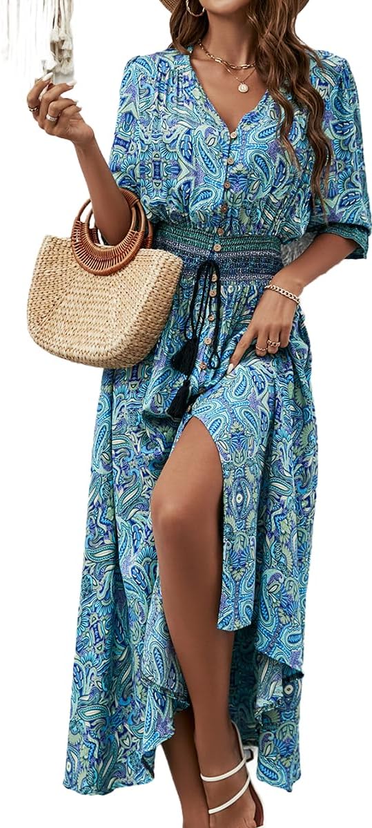 Vestido Liezl para mujer bohemio con flores – escote en V cruzado, midi fluido, mangas 3/4