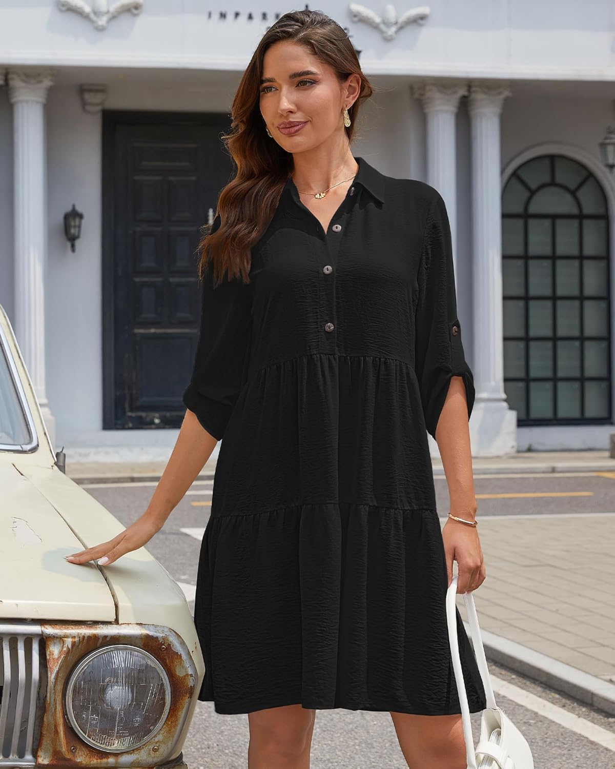 Sophie Damen Hemdblusenkleid – 3/4-Ärmel, Knopfleiste, A-Linien Schnitt, Volants Sommer
