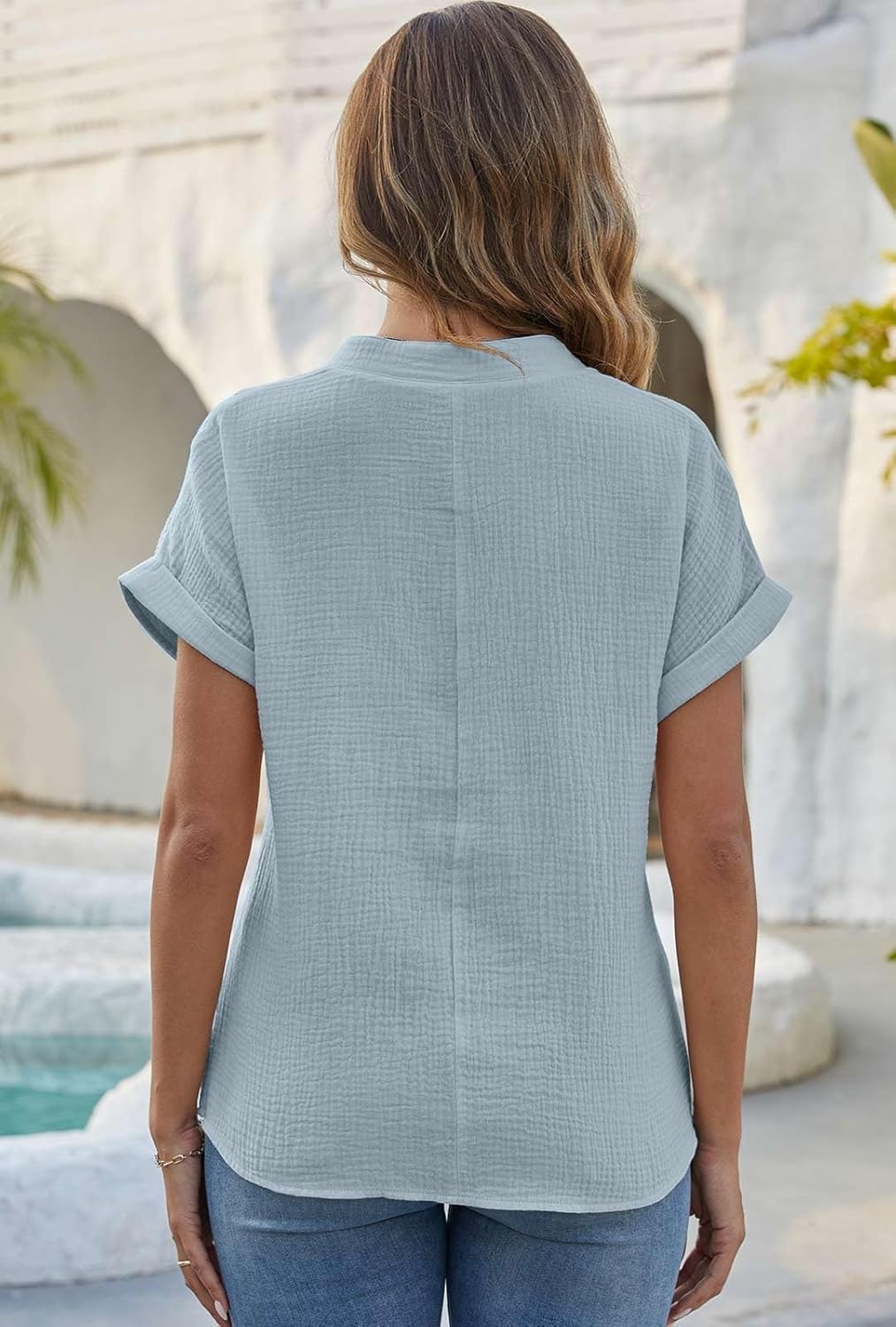 Camille Bluse für Damen aus Baumwolle und Leinen – Oberteil mit V-Ausschnitt und Vintage-Knöpfen