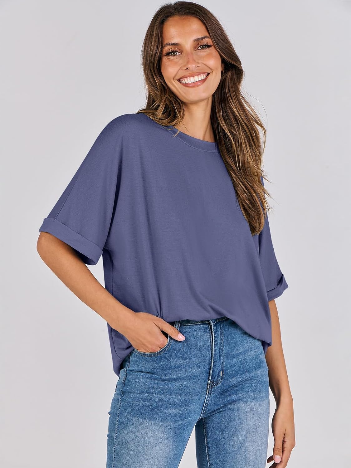 Laura T-Shirt Damen Oversize – Tunika Rundhalsausschnitt Kurzarm Top Sommer Schick