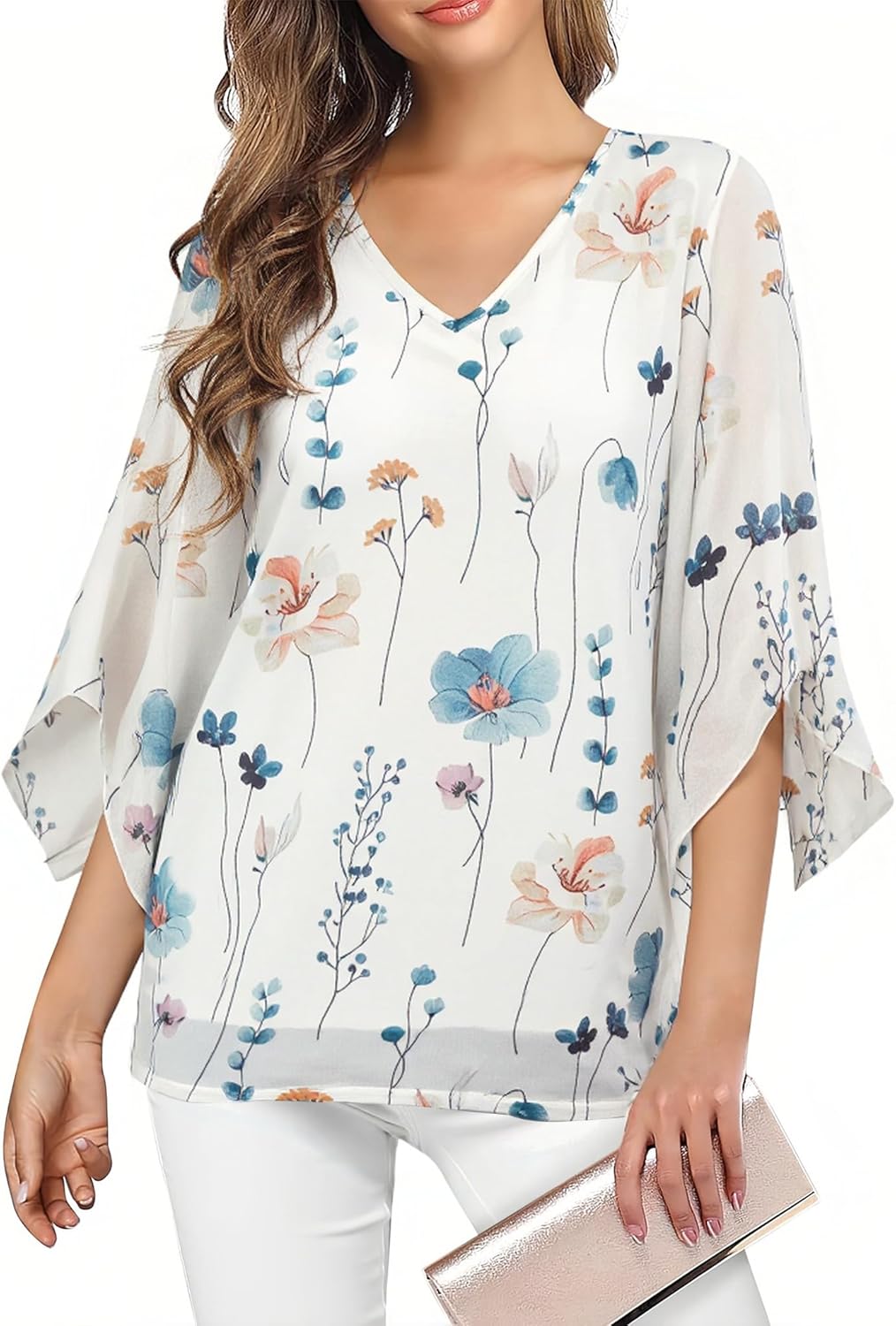 Sofia Blouse Femme – Haut Fluide Imprimé Floral avec Manches 3/4 et Col V