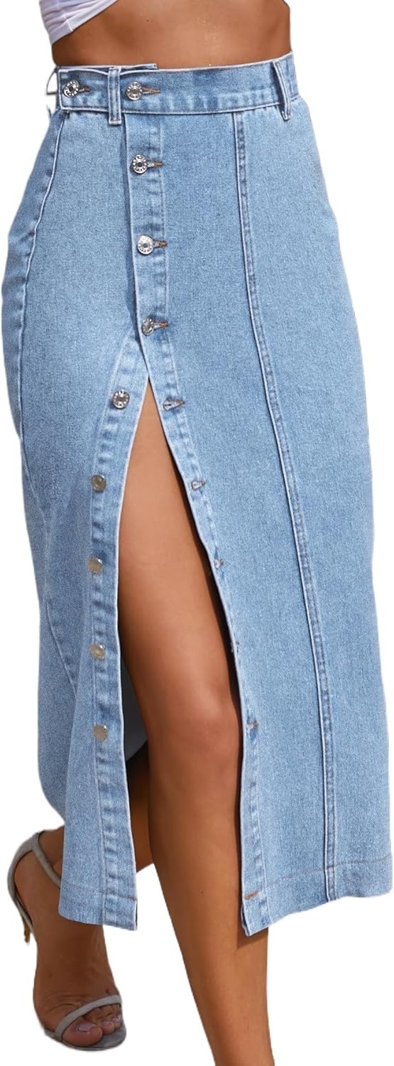 Caramia Falda Denim Mujer – Falda Midi de Cintura Alta, Abotonada y con Abertura