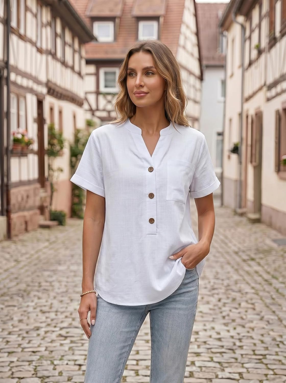 Sophie Bluse Dame Bomuld – Top med V-hals Henley Korte Ærmer Elegant Sommer
