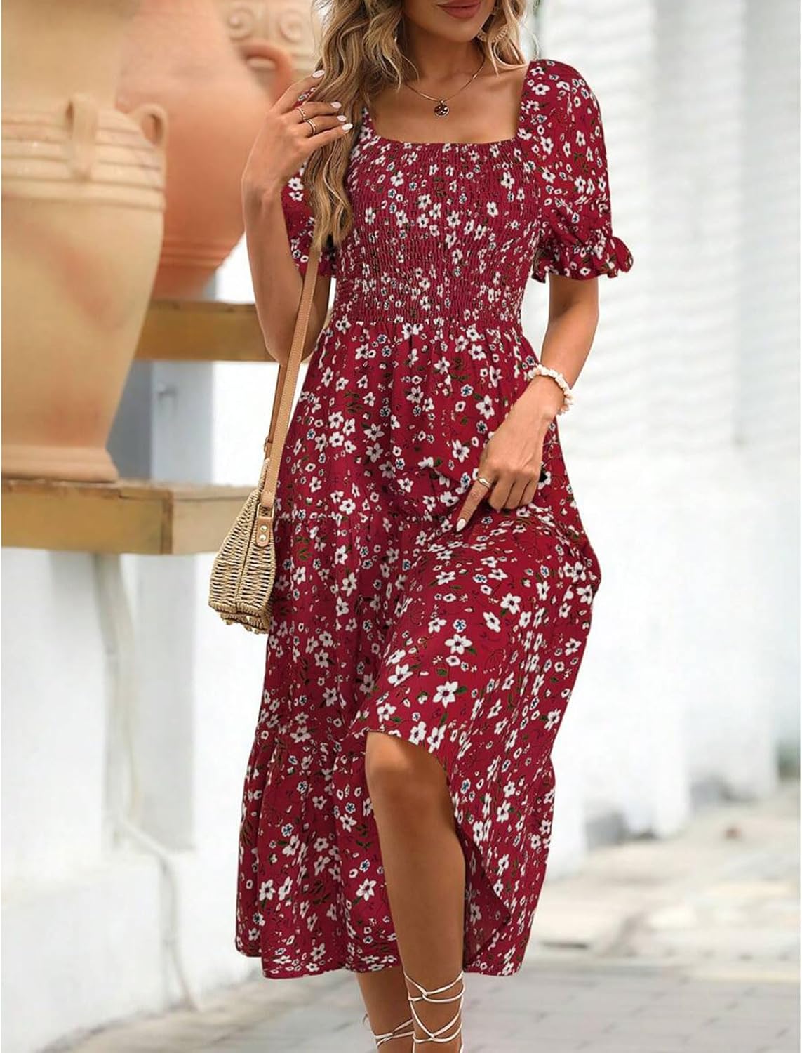 Angeli Robe Femme Fleurie – Manches Bouffantes, Taille Nouée, Coupe Mini Été Chic