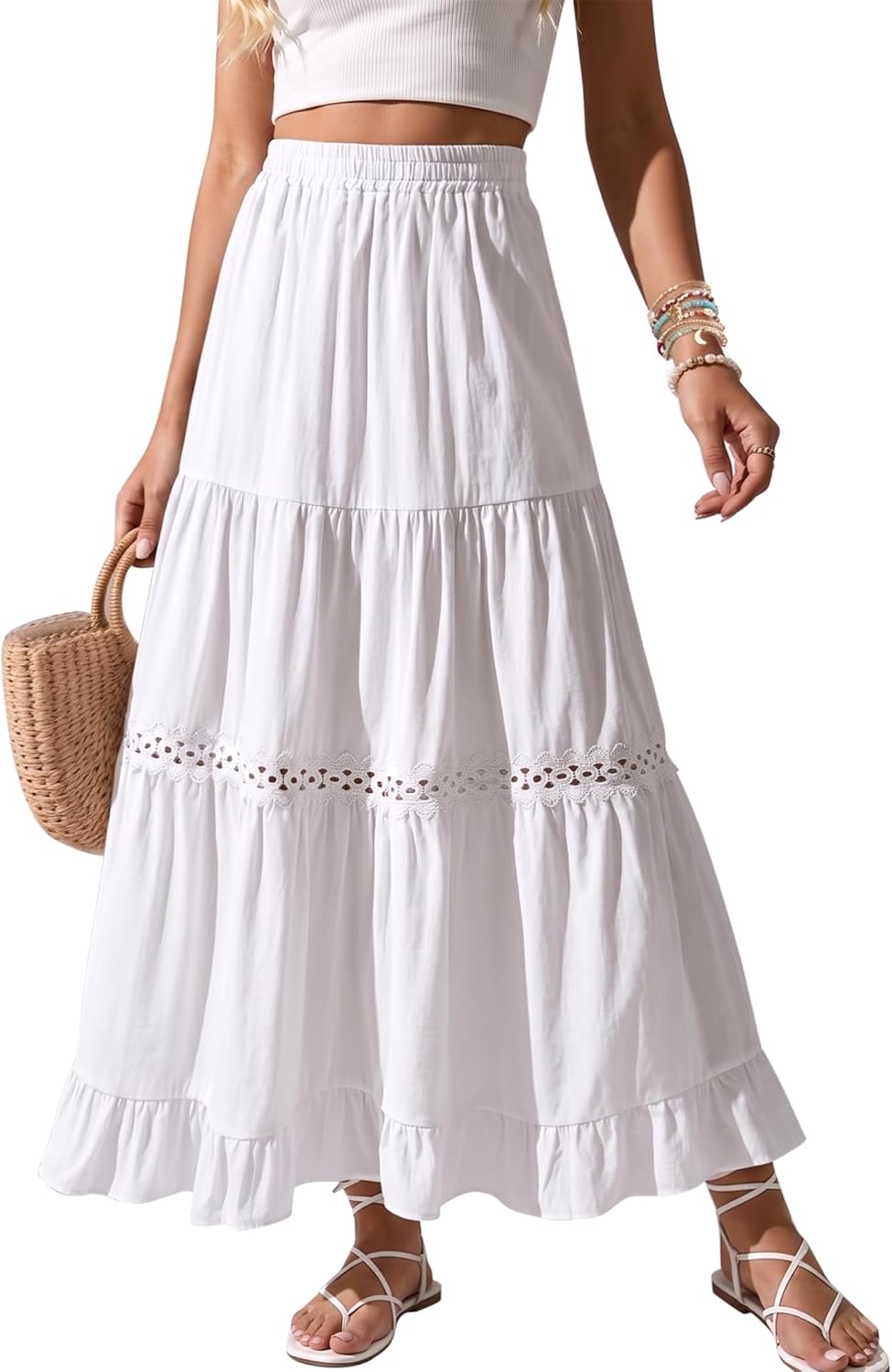 Falda Edith Jupe Maxi para Mujer – Falda Bohemia de Algodón, Encaje de Crochet y Volantes