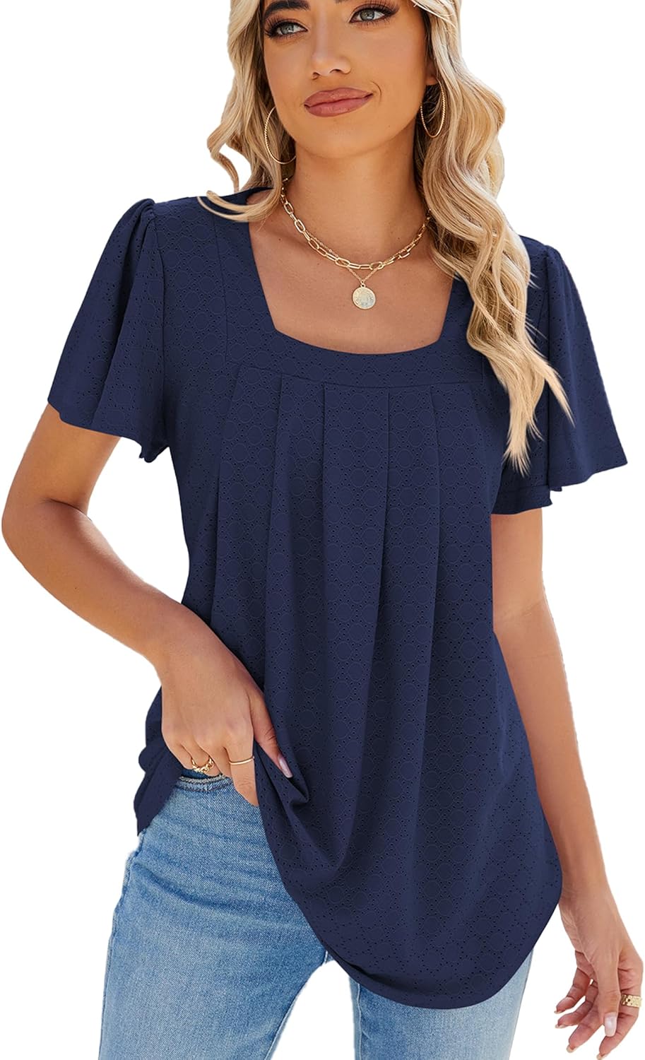 Juliette Top Femme – Blouse Col Carré Ajourée à Manches Volantées