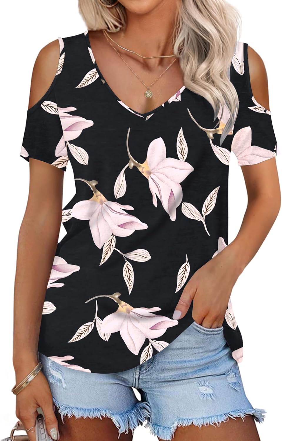 Lina Top Damen mit freiliegenden Schultern – T-Shirt mit V-Ausschnitt, Sommer Chic, locker geschnitten