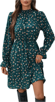Vestido Curto Feminino Élise – Vestido Floral com Gola Alta e Folhos, Corte A-Line Elegante