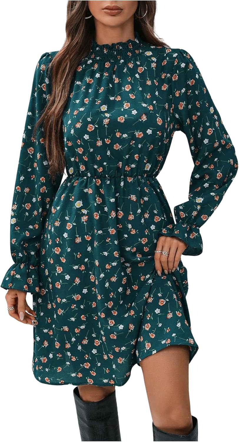 Vestido Curto Feminino Élise – Vestido Floral com Gola Alta e Folhos, Corte A-Line Elegante