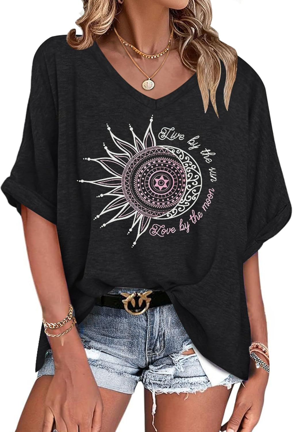 T-shirt Emma Mulher Oversize – Top Decote em V Mangas Curtas Leve Verão Chic