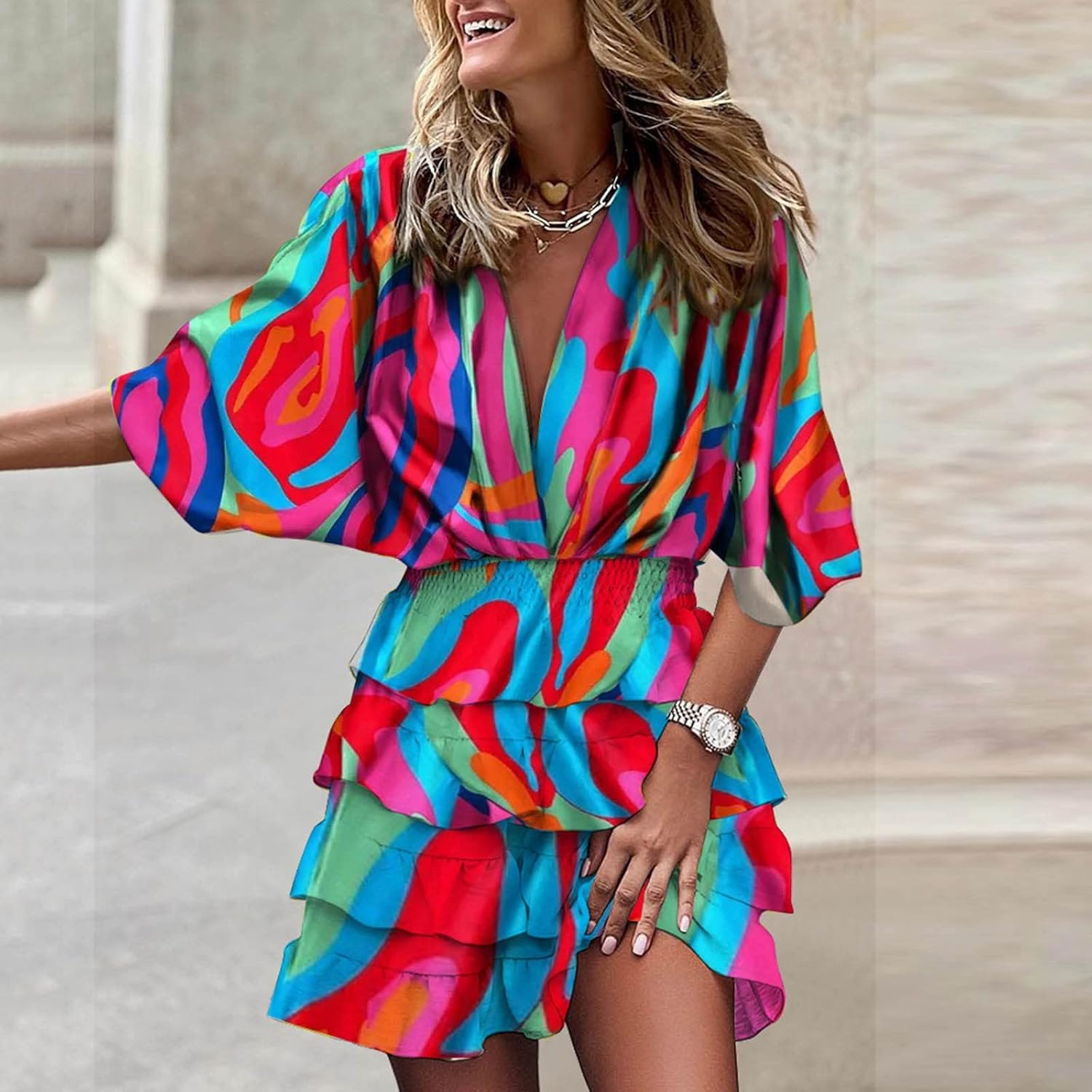 Amélia Robe Femme à Col V – Robe Fluide à Volants et Taille Haute