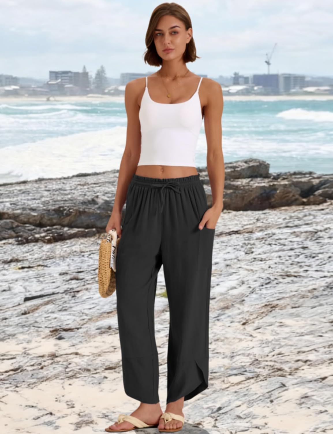 Jade spodnie damskie – capri palazzo lniane boho szerokie z elastycznym pasem i kieszeniami