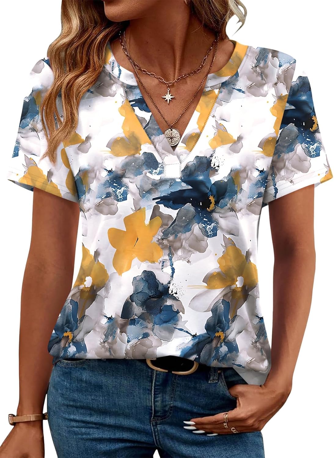 Roberta T-Shirt Femme Col V – Top Manches Courtes Coupe Fluide Léger Été Casual