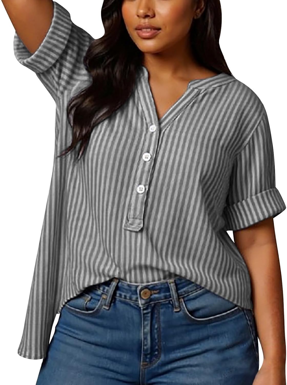 Solen Blouse Femme Rayée – Haut Col V à Boutons Style Henley