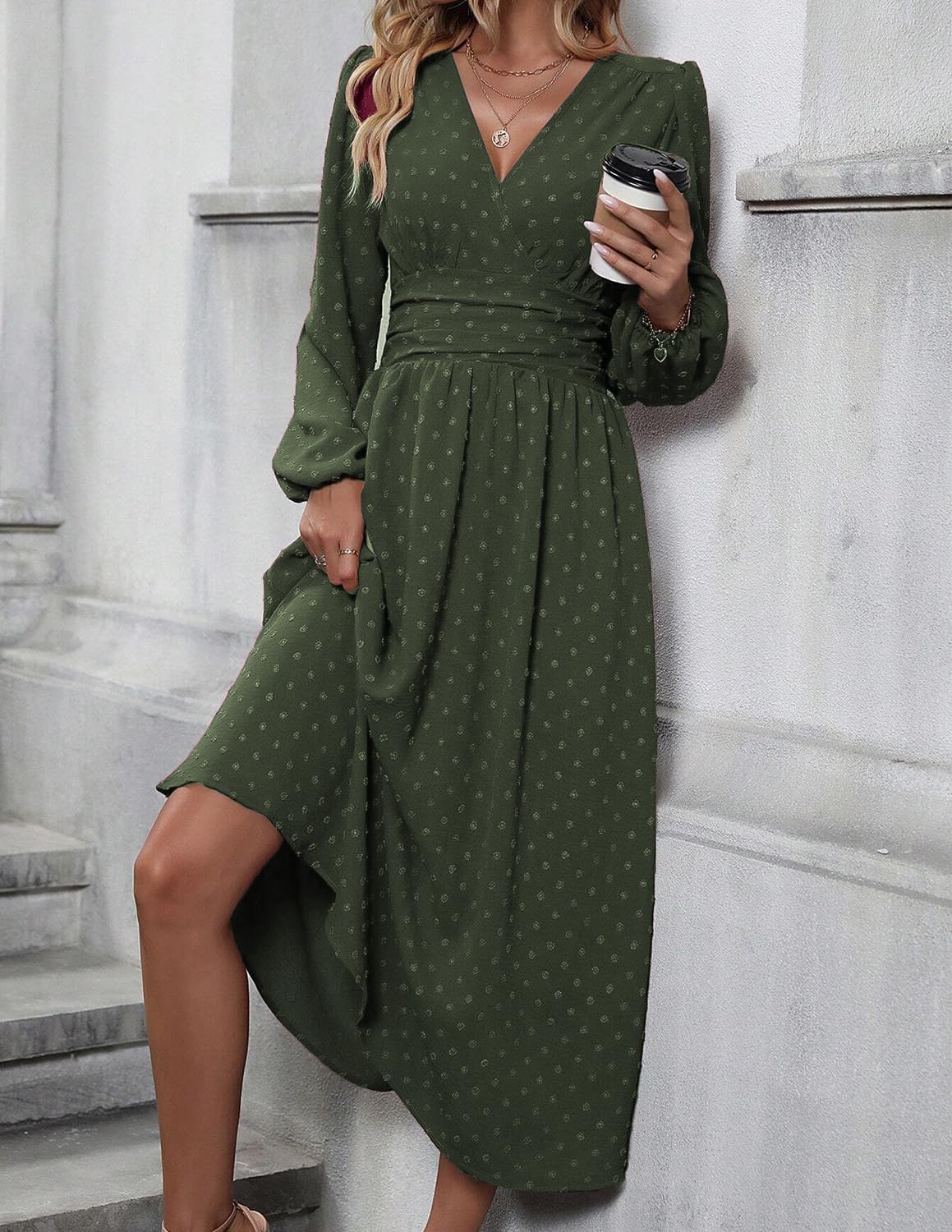 Vestito Donna Tierra Pois – Taglio A-Line, Scollo a V, Vita Alta Plissettata Elegante