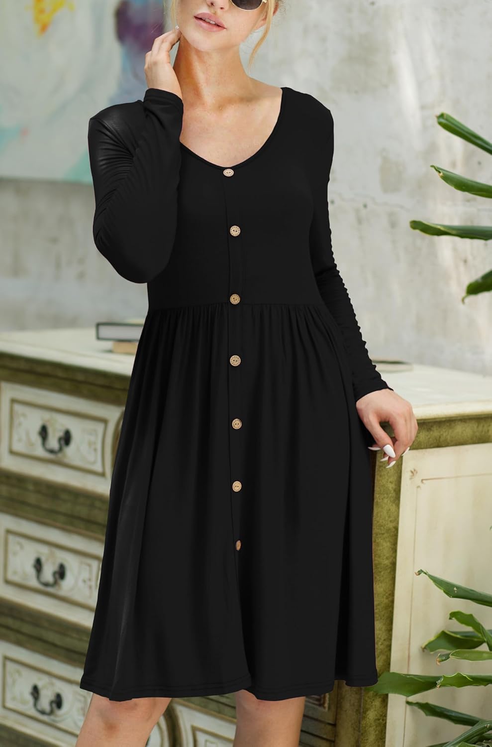 Julie Robe Midi A-Line – Robe Casual Manches Longues avec Poches Femme
