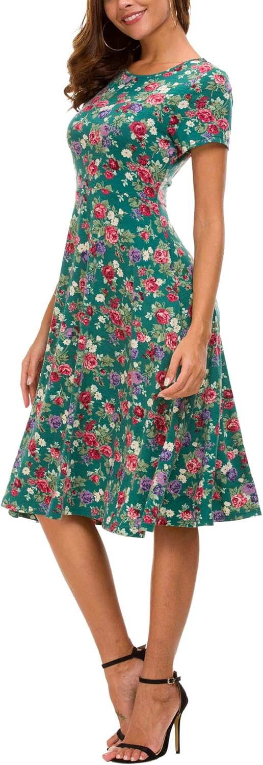 Léonie Midikleid mit Blumenmuster Damen – Ausgestelltes Kleid mit kurzen Ärmeln und Rundhalsausschnitt für den Sommer