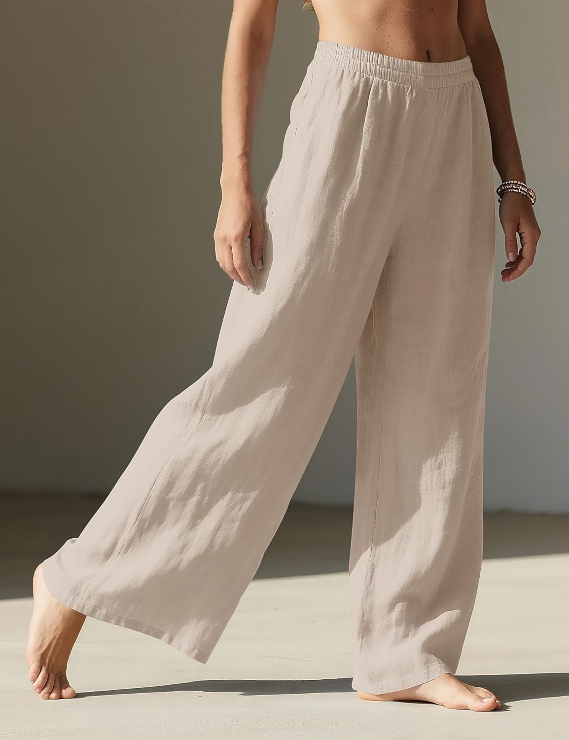 Blaire Pantalon Femme en Lin – Pantalon Palazzo Large avec Poches & Taille Élastique