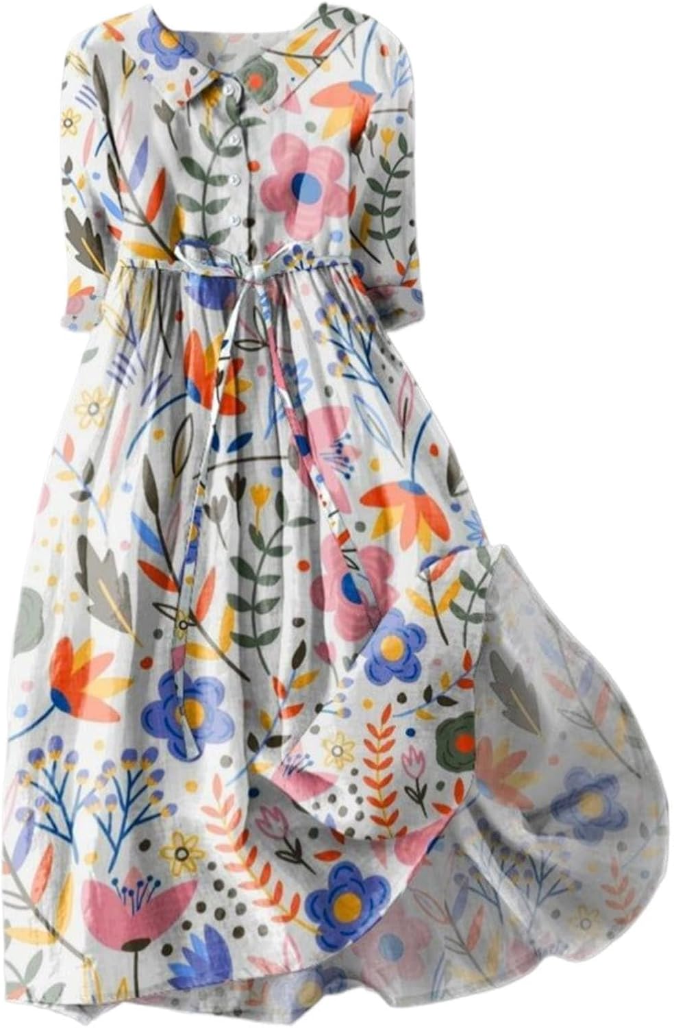Sophie Women's Dress – Floral Linen Maxi Dress with Shirt Collar and Adjustable Waist Summer