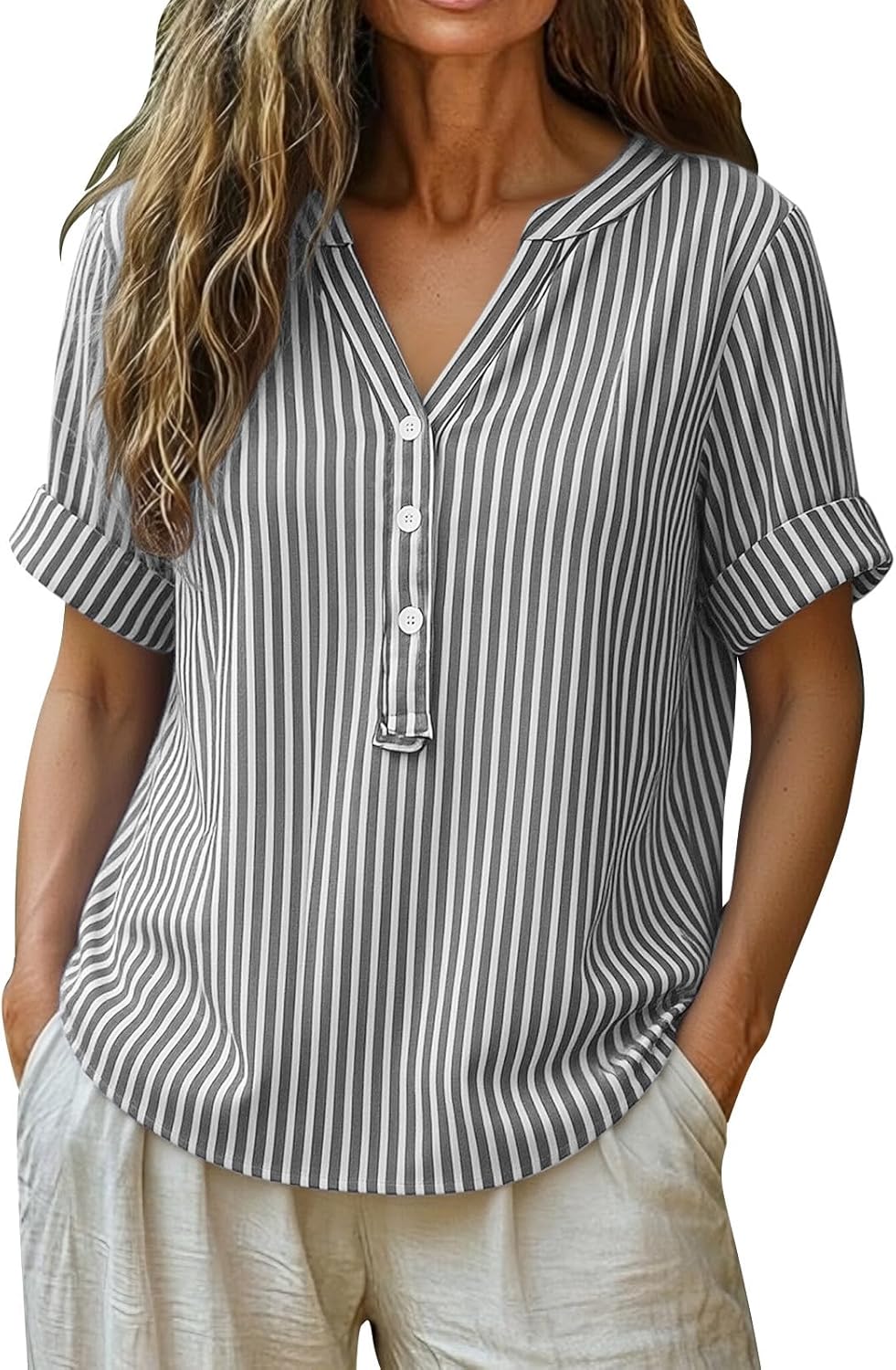 Solen Blouse Femme Rayée – Haut Col V à Boutons Style Henley