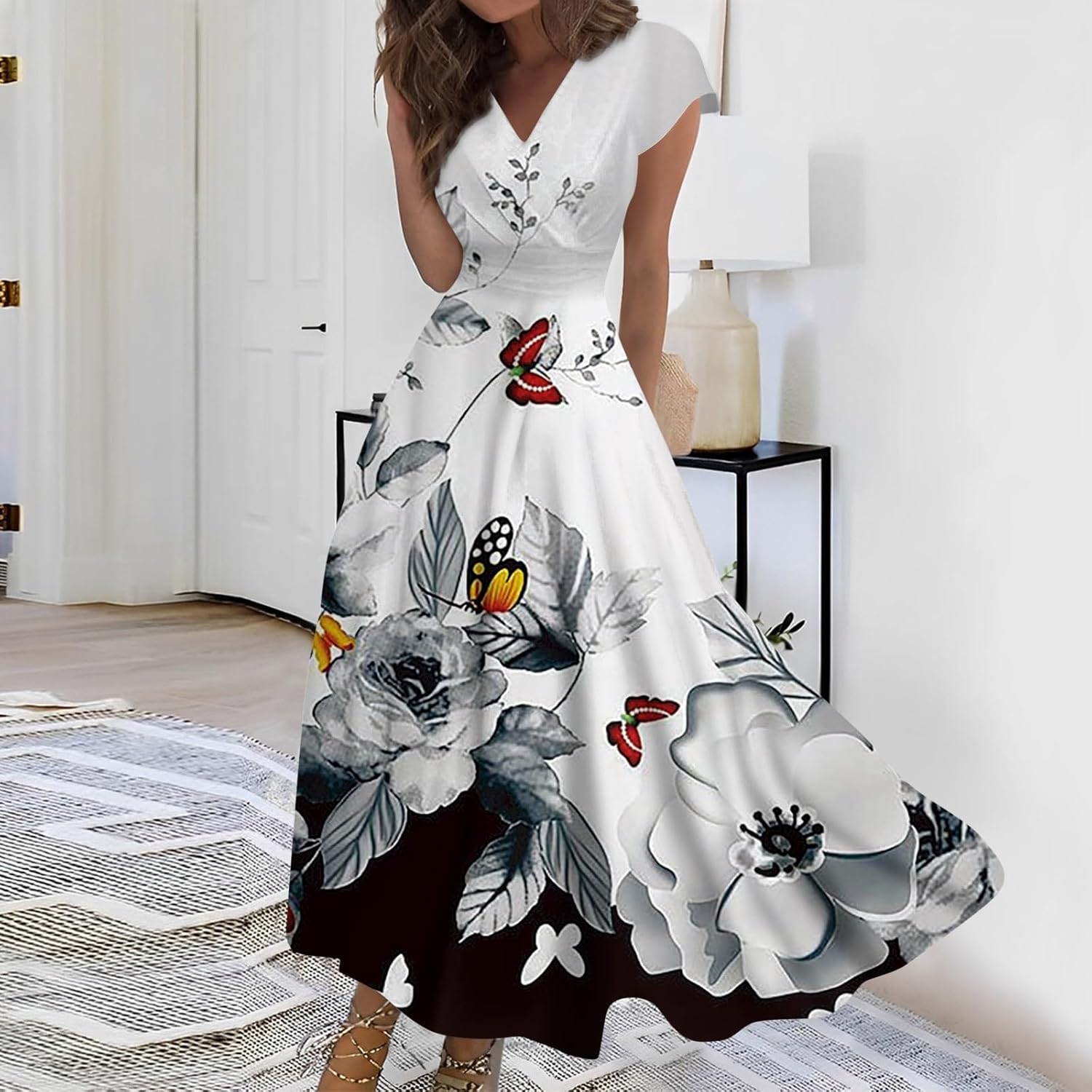 Valeria Damenkleid – Maxikleid mit Blumenmuster, V-Ausschnitt, Korsett-Effekt, Boho Elegant