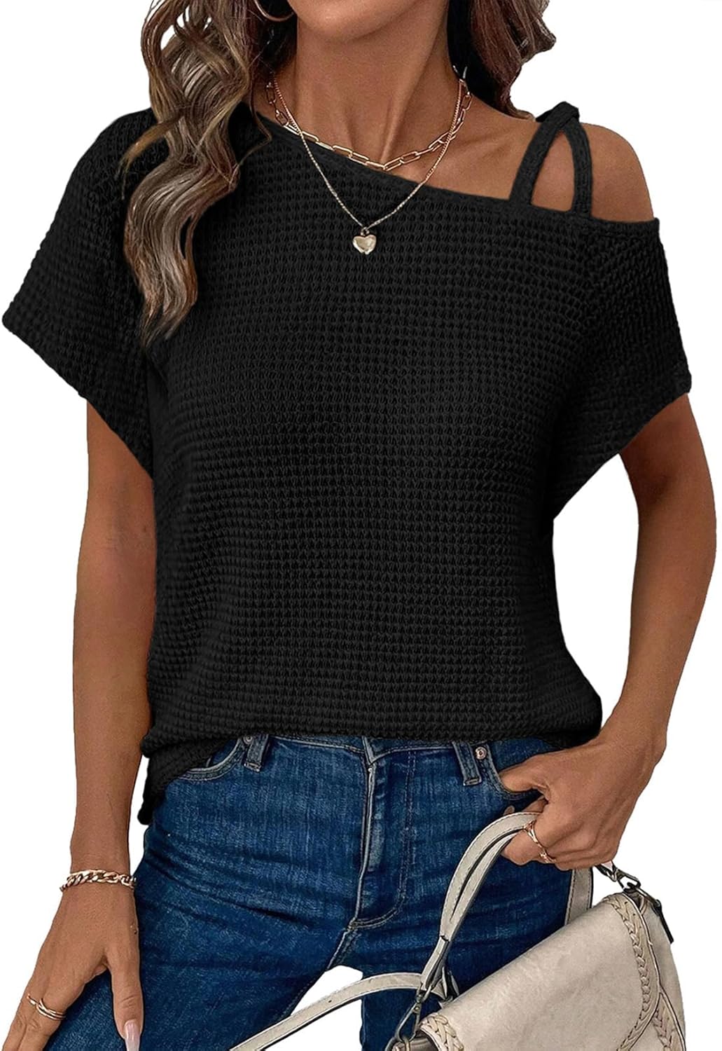 Dorothea top til kvinder med bare skuldre – T-shirt med vaffelmønster og krydsede stropper