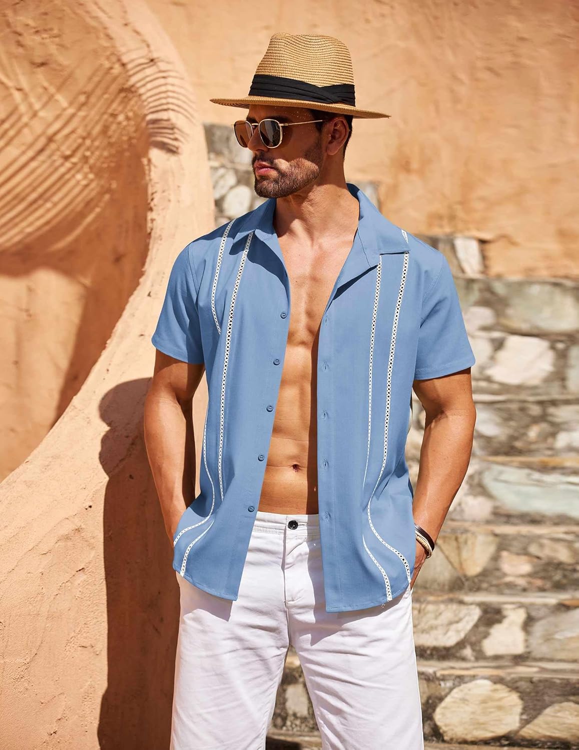 Henry ανδρικό πουκάμισο Guayabera – Κουβανέζικο καλοκαιρινό πουκάμισο, με κέντημα & κομψό στυλ
