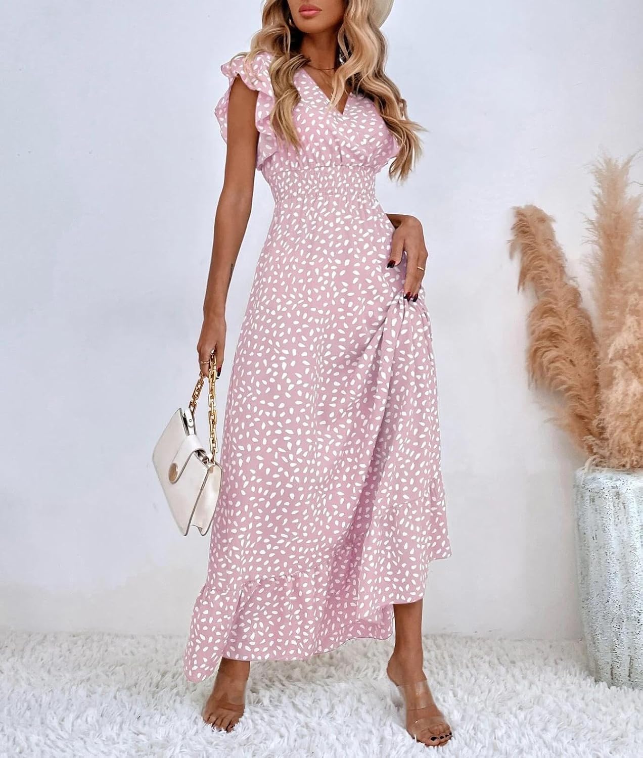 Amélie Robe Maxi Femme – Robe Fleurie Col V Taille Haute Volants Été